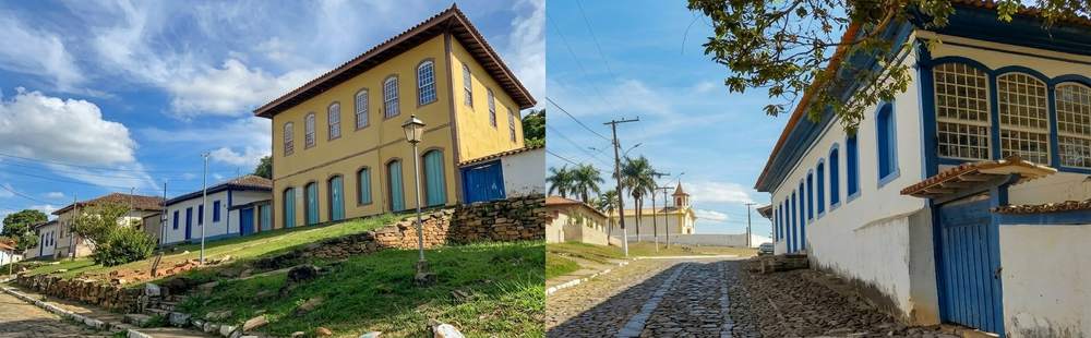 Caminho de pedra da Estrada Real entre montanhas e mata na serra mineira