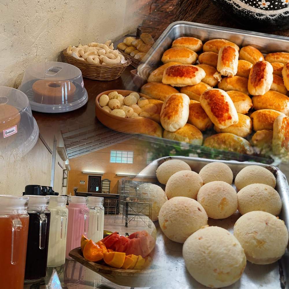 Mesa de café da manhã mineiro com pães, queijo, bolo e café